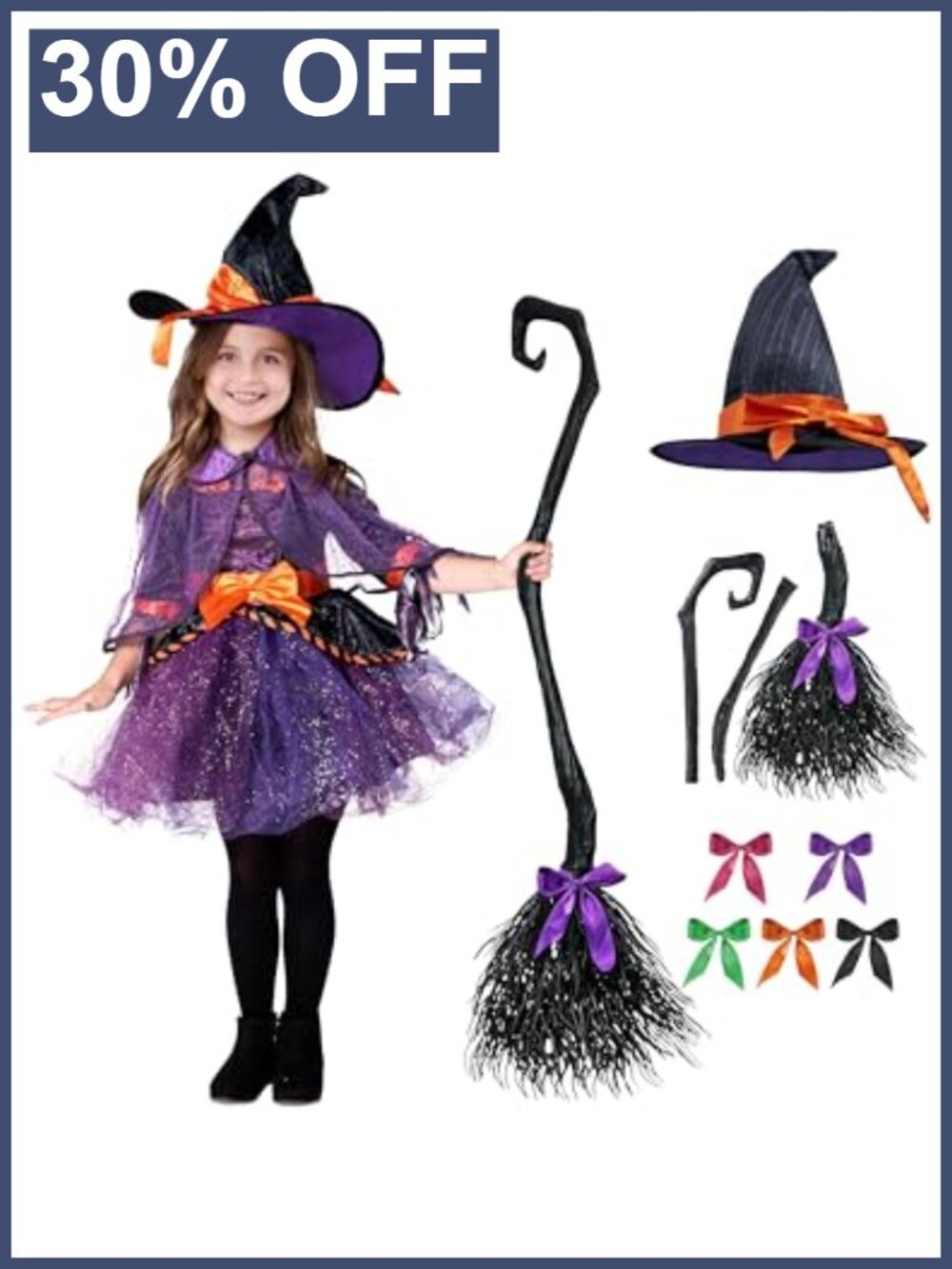 Girls Purple Witch Costume Set with Hat Cape Broom Dress